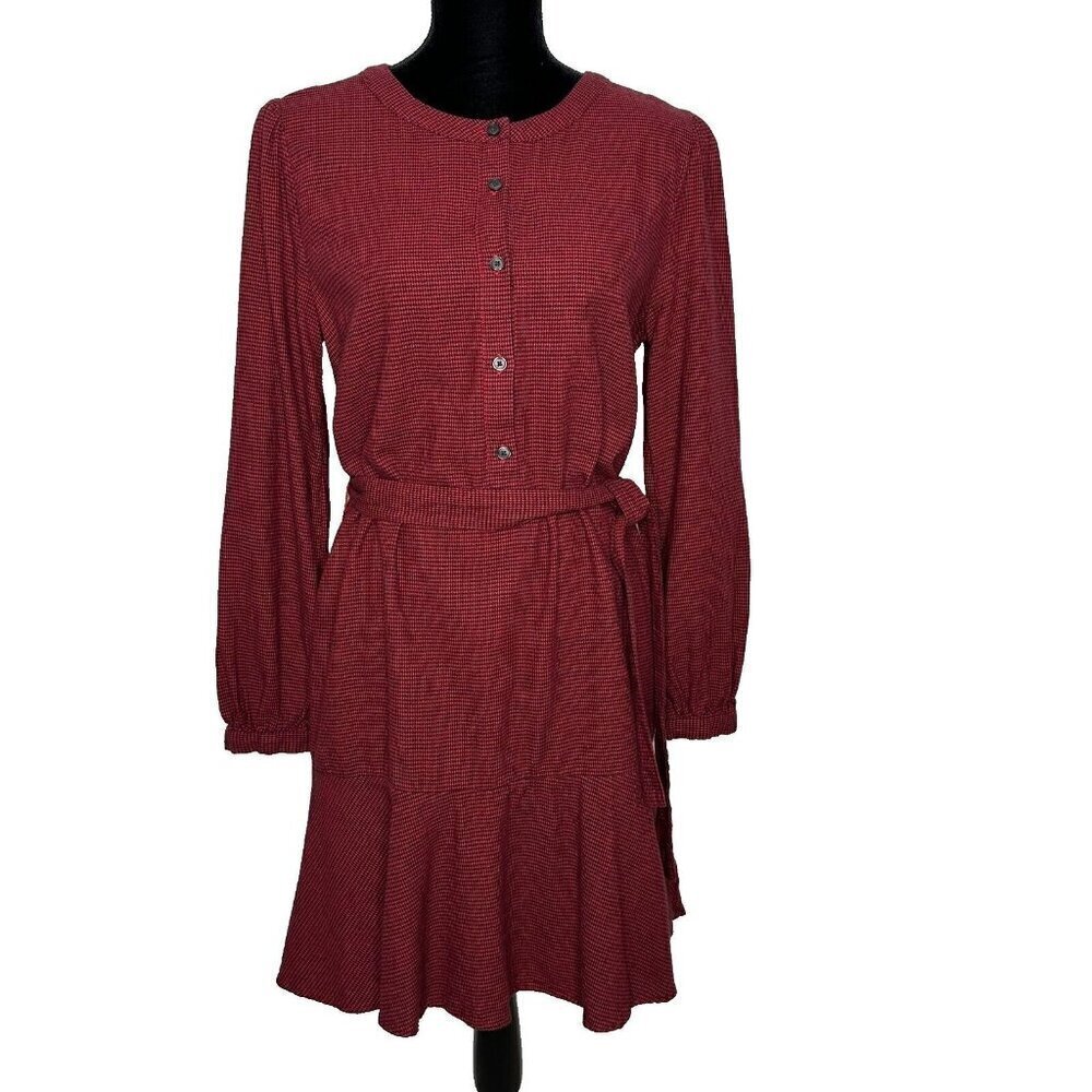 Gap Henley Shirt‎ Dress Size S Red Houndstooth Flannel Ruffled Hem Belted